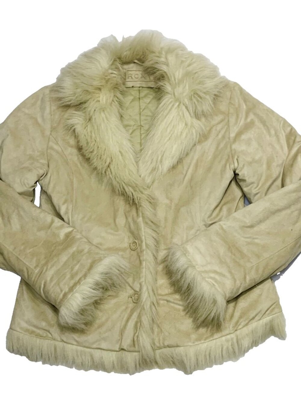 Vintage Roxy Faux Fur Trim Suede Jacket Y2K Boho Penny Lane Style Size L Beige